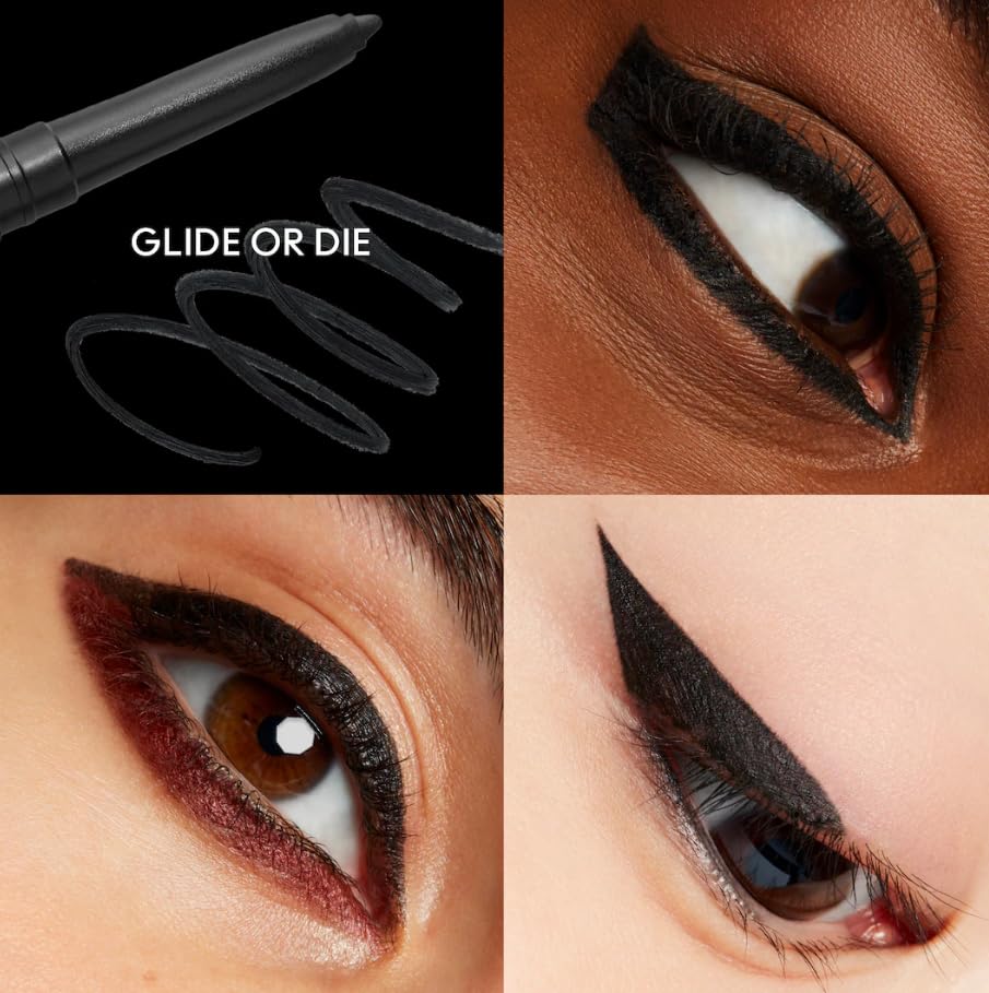 MAC Colour Excess Gel Pencil Eye Liner Glide Or Die swatch highlights waterproof, long-wear carbon black shade