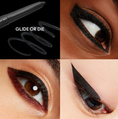 MAC Colour Excess Gel Pencil Eye Liner Glide Or Die swatch highlights waterproof, long-wear carbon black shade