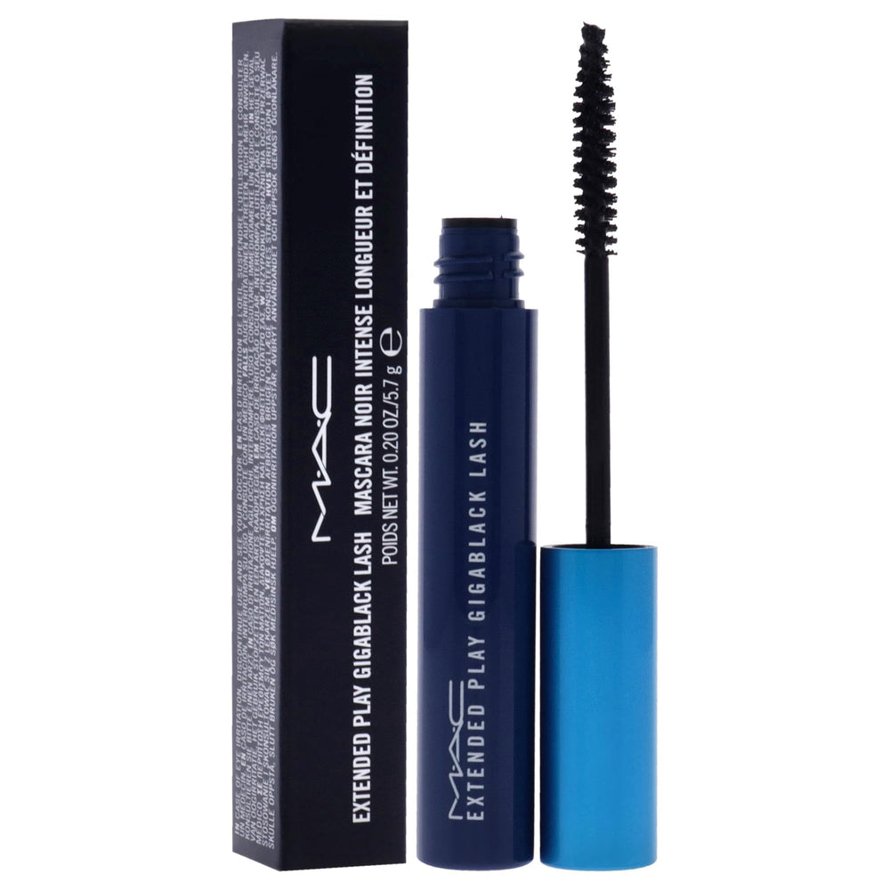 MAC Extended Play Gigablack Lash Mascara jet-noir finish on lashes for bold definition.