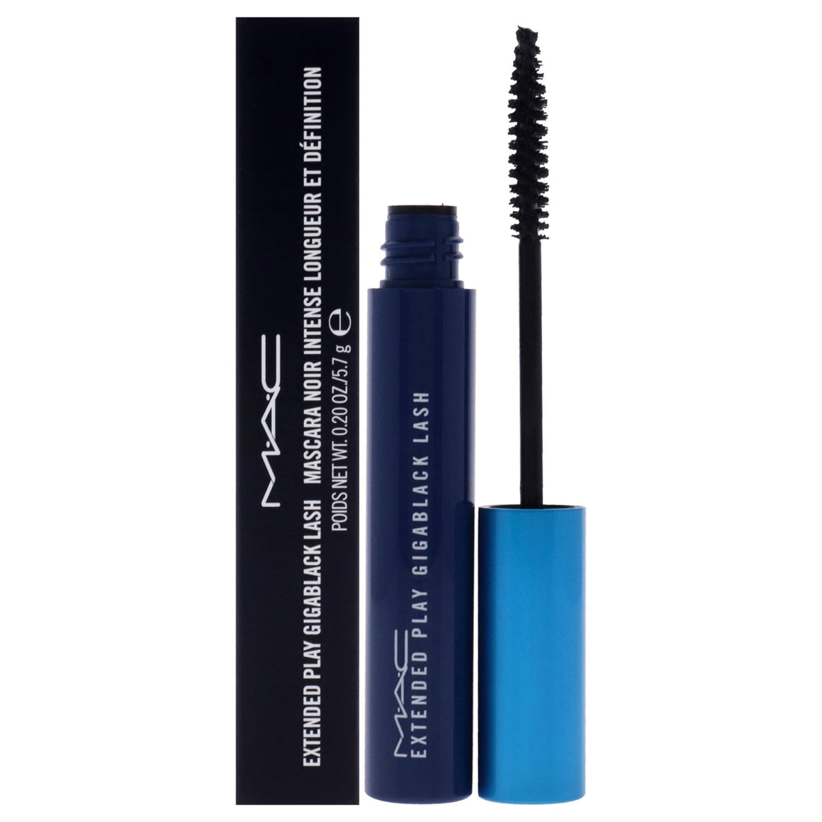 MAC Extended Play Gigablack Lash Mascara wand close-up for precise coating.