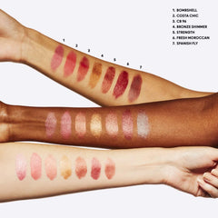 MAC Frost Lipstick Bronze Shimmer on lips in daylight offers bronze glow and shine.