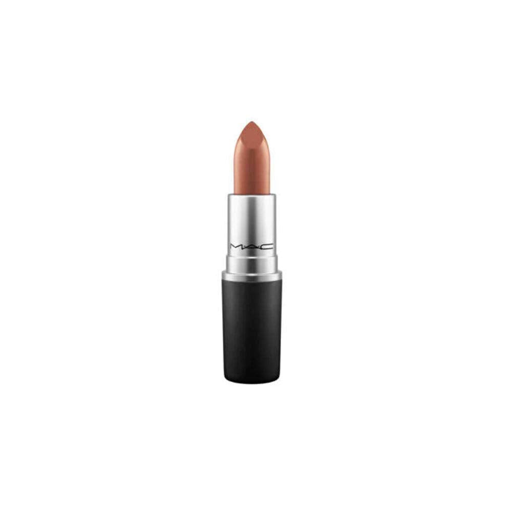 MAC Frost Lipstick O swatch shows purplish red with golden pearl for a vibrant glow.