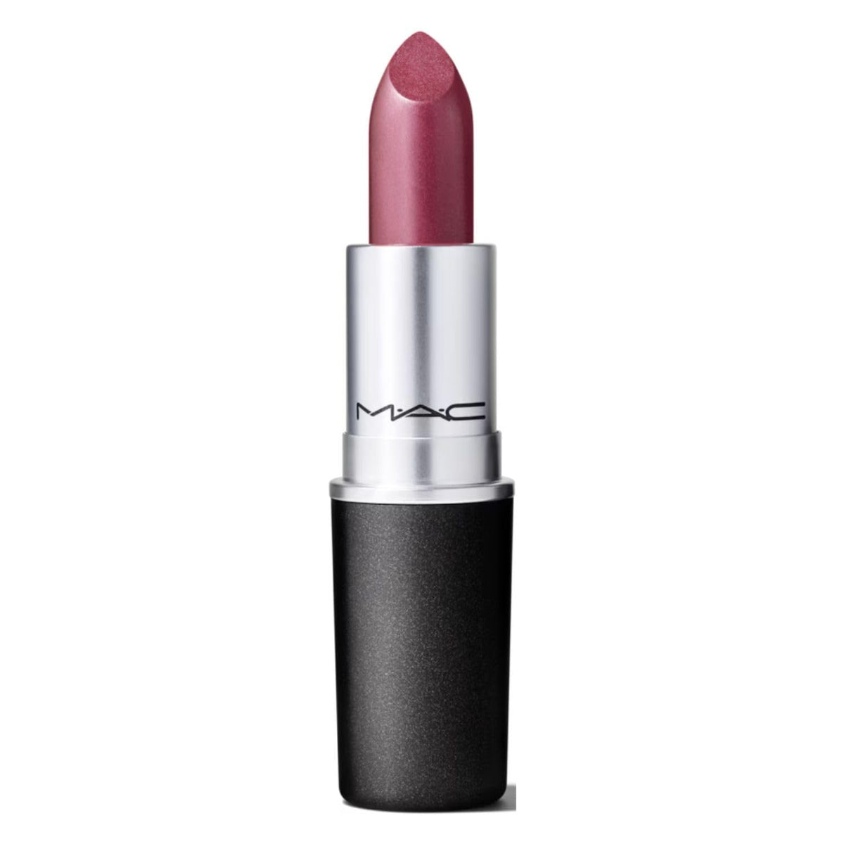 MAC Frost Lipstick Plum Dandy cap close-up highlighting pearlescent finish for radiant lips.