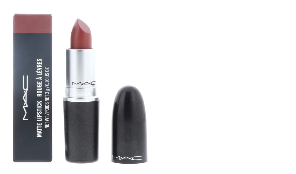 MAC Lipstick Taupe Matte application demonstrates precise, quick lip color for on-the-go.