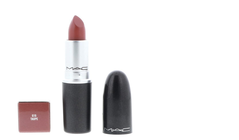 MAC Lipstick Taupe Matte packaging emphasizes compact 3g travel-friendly design.