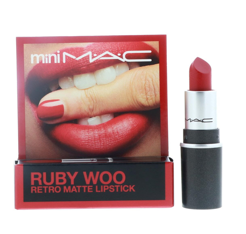 MAC Little Lipstick Ruby Woo mini packaging for on-the-go red color touch-ups.