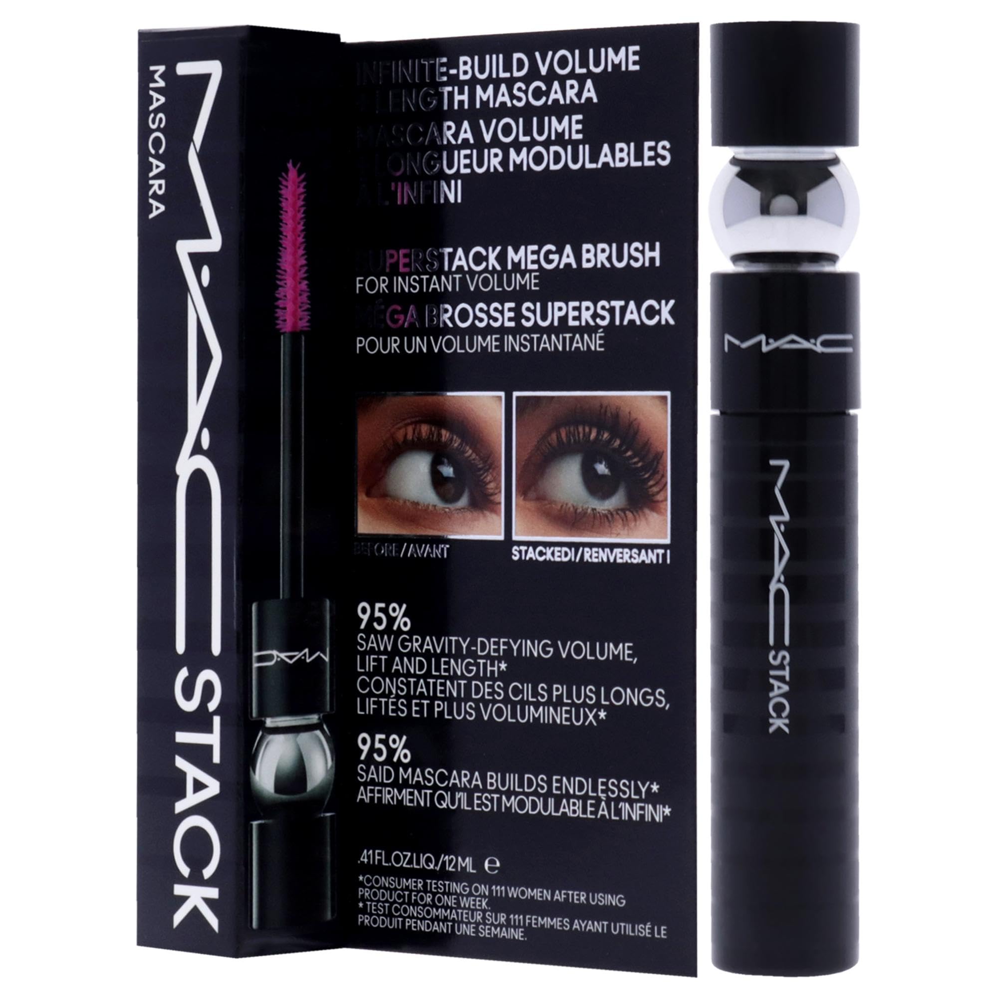 MAC MacStack Mascara macro brush shows defined lashes with volume throughout.