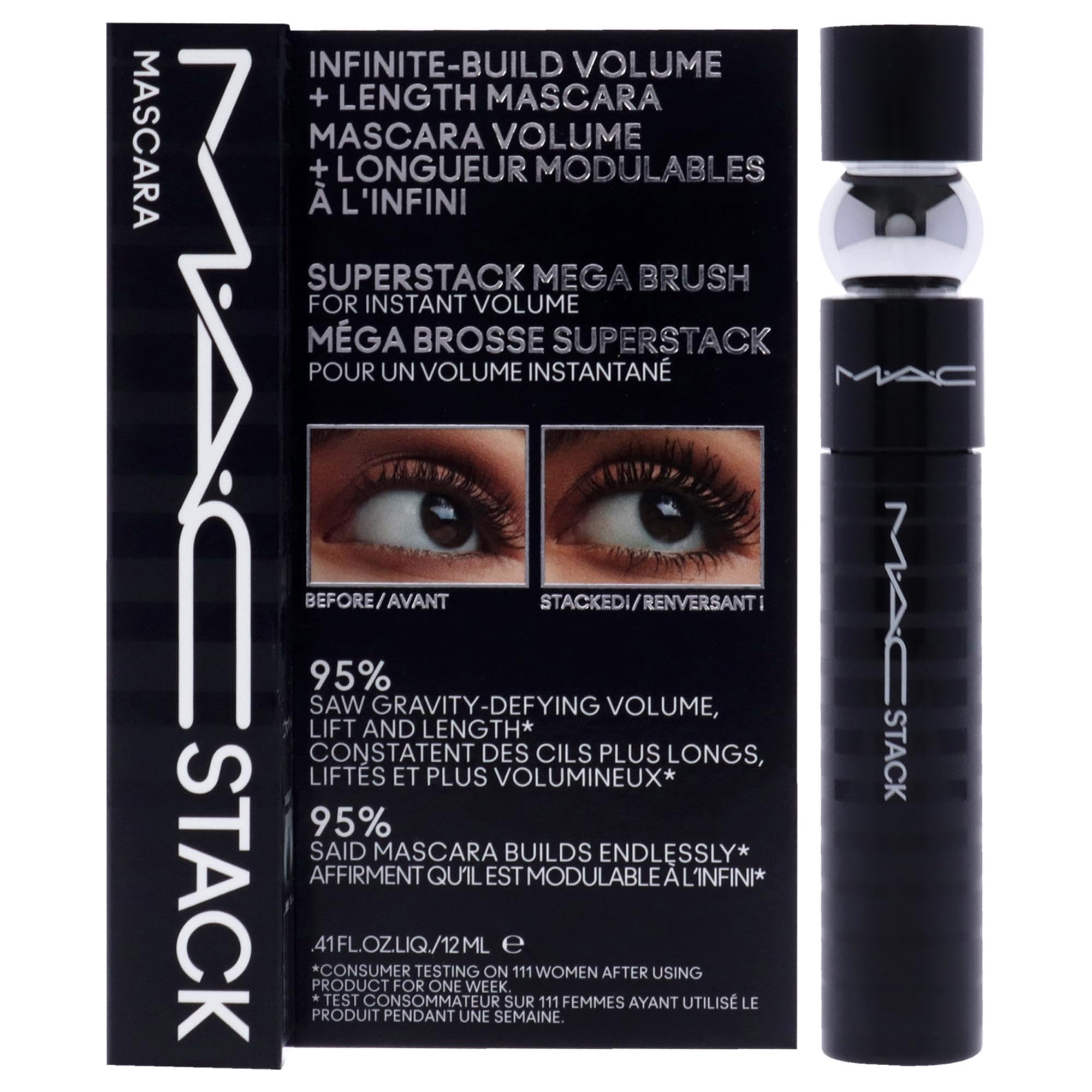 MAC MacStack Mascara Superstack Brush during application delivers instant volume.