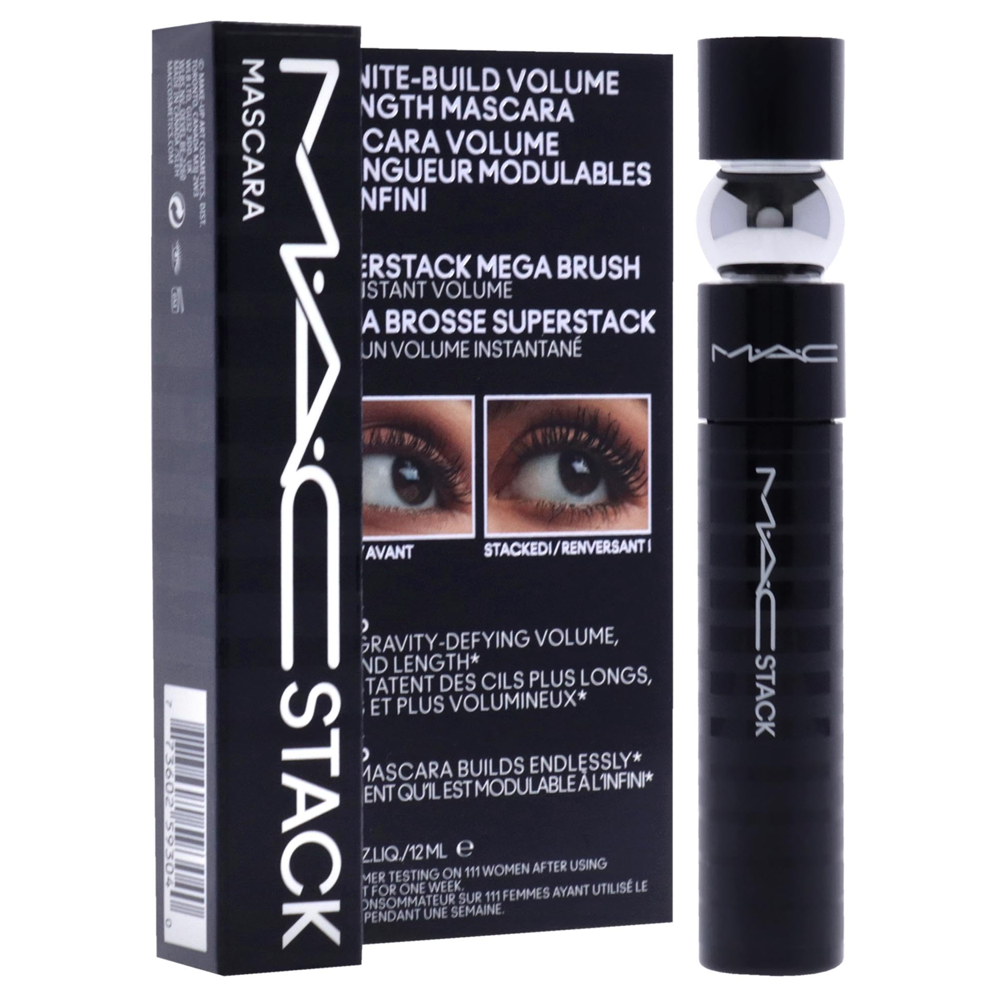 MAC MacStack Mascara wand close-up demonstrates lift and length on lashes.