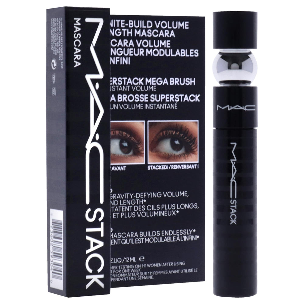 MAC MacStack Mascara wand close-up demonstrates lift and length on lashes.