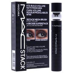 MAC MacStack Mascara wand close-up demonstrates lift and length on lashes.