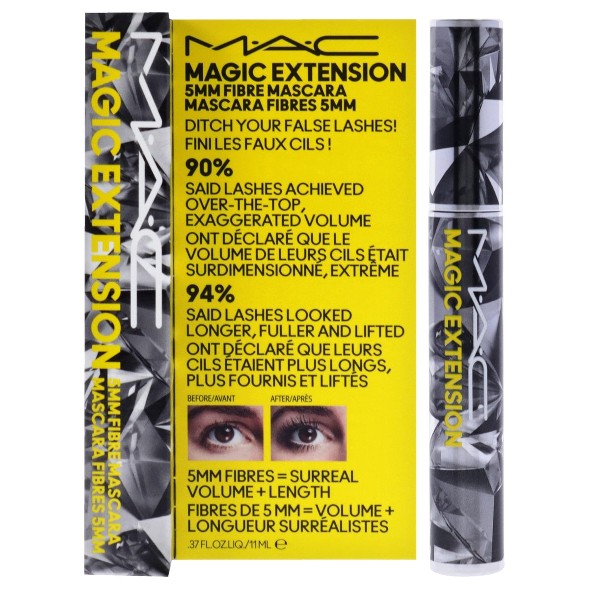 MAC Magic Extension 5mm fibres close-up showing lash-extension-like length and added volume