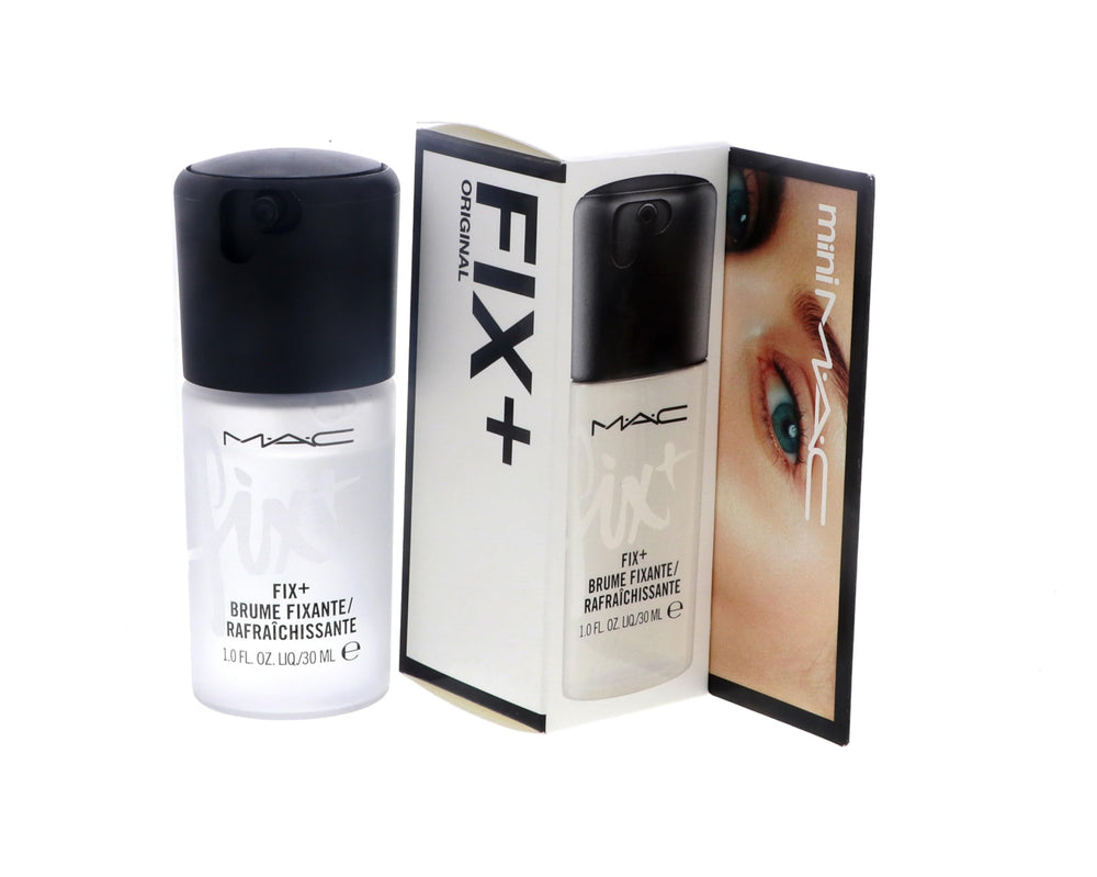 MAC Prep and Prime Fix Plus mini branding detail with compact bottle and branding.