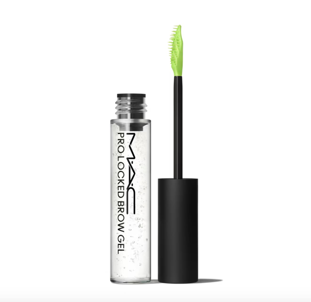 MAC Pro Locked Brow Gel Clear tube closeup showing transparent hold for defined brows