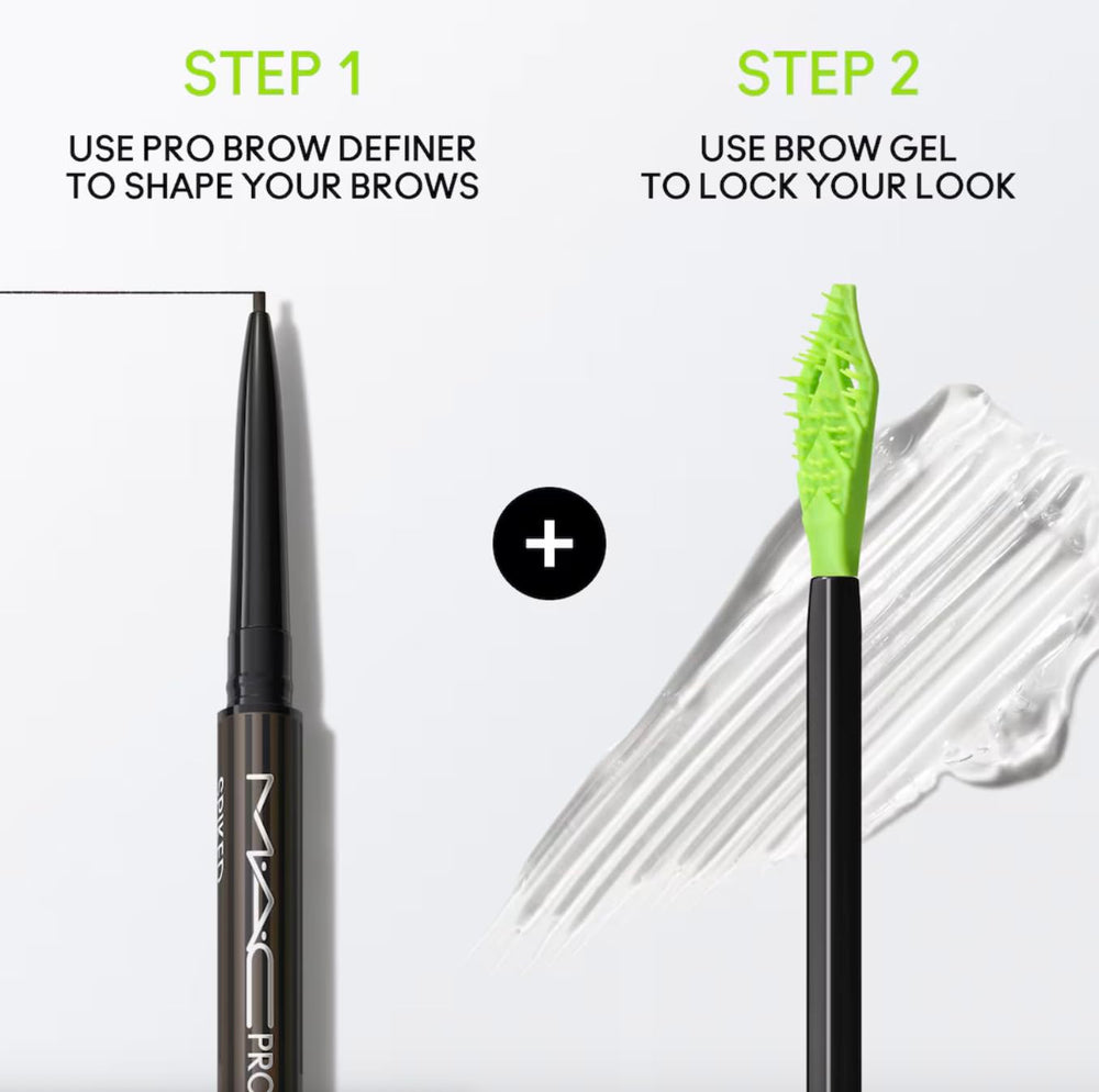 MAC Pro Locked Brow Gel Clear wand gliding through brow hairs for nourishment