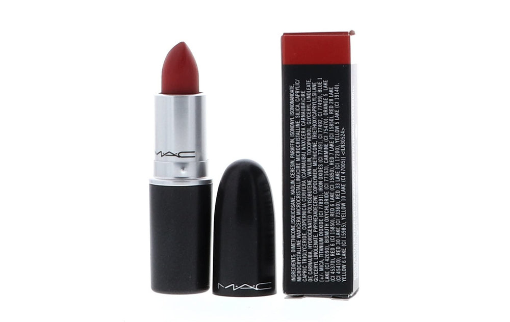MAC Ruby Woo side view demonstrates iconic blue-red matte for defined lips.
