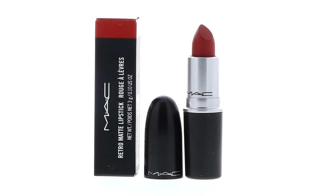 MAC Ruby Woo swatch shows vivid bluish-red matte shade for bold lip looks.