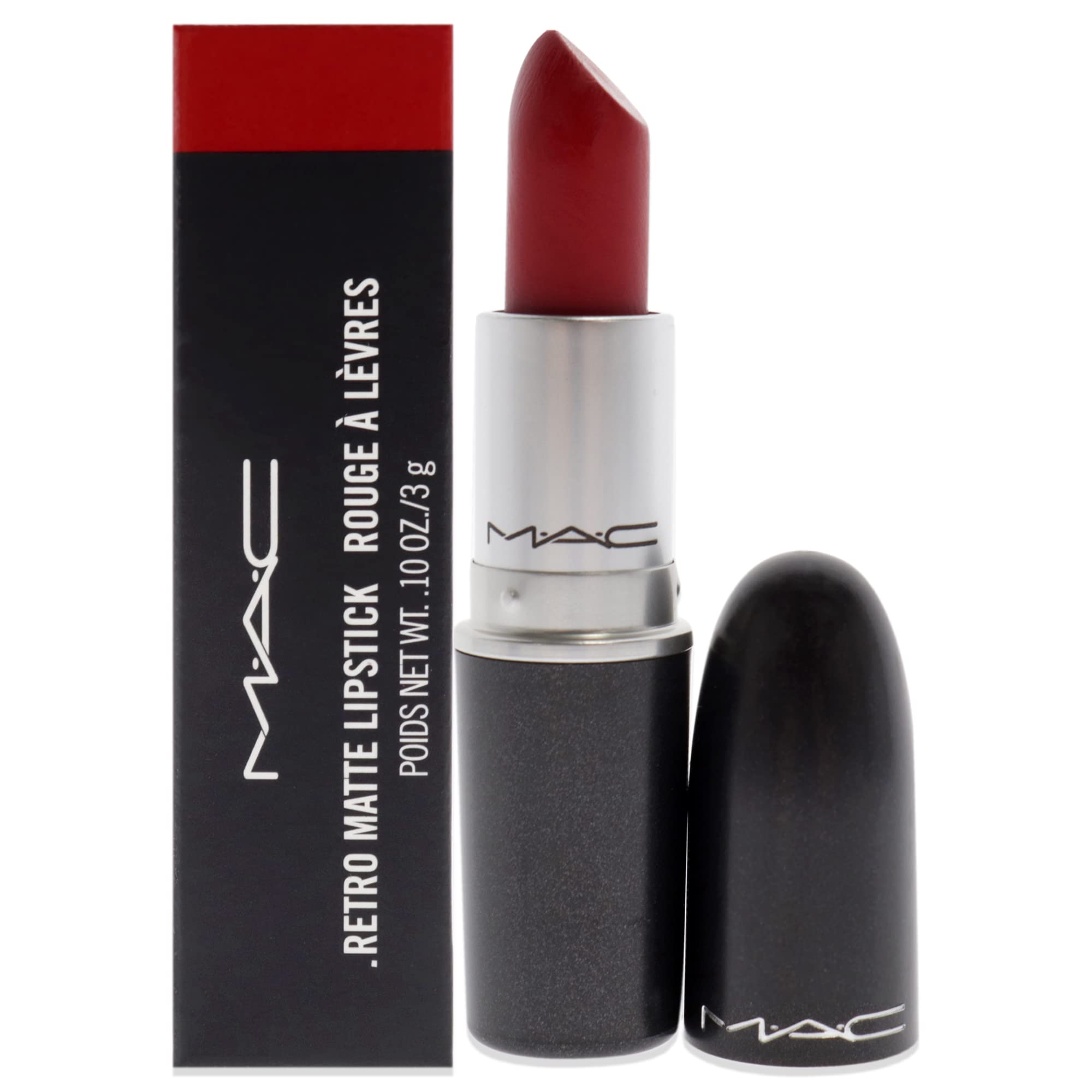 MAC Ruby Woo lipstick bullet swatch showing iconic red with long-lasting color payoff