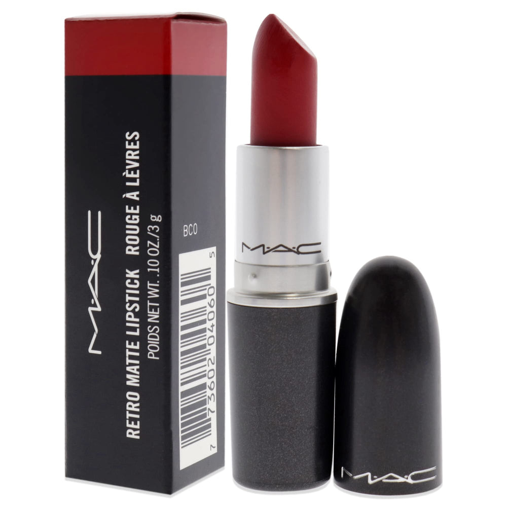 MAC Ruby Woo matte-finish swatch emphasizes pigment-rich color with all-matte look.