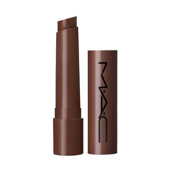 MAC Squirt Plumping Gloss Stick 16 Lower Cut brown swatch on lips for a glossy, plump look