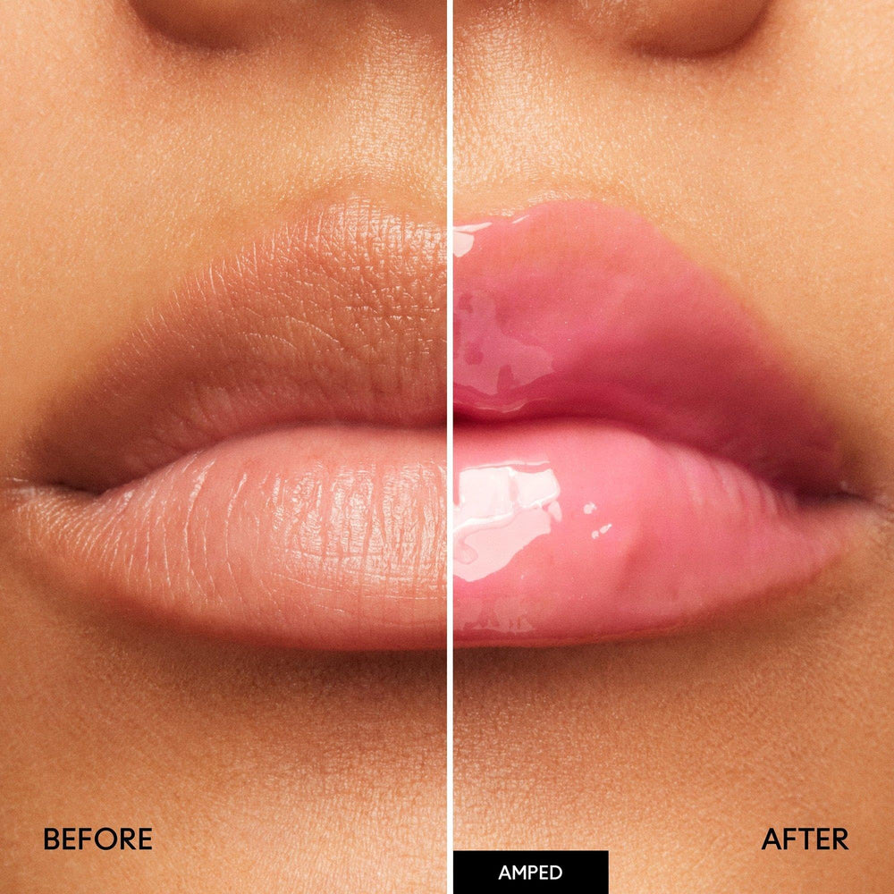 MAC Squirt gloss-stick satin shine on lips suggests comfortable, non-sticky finish.