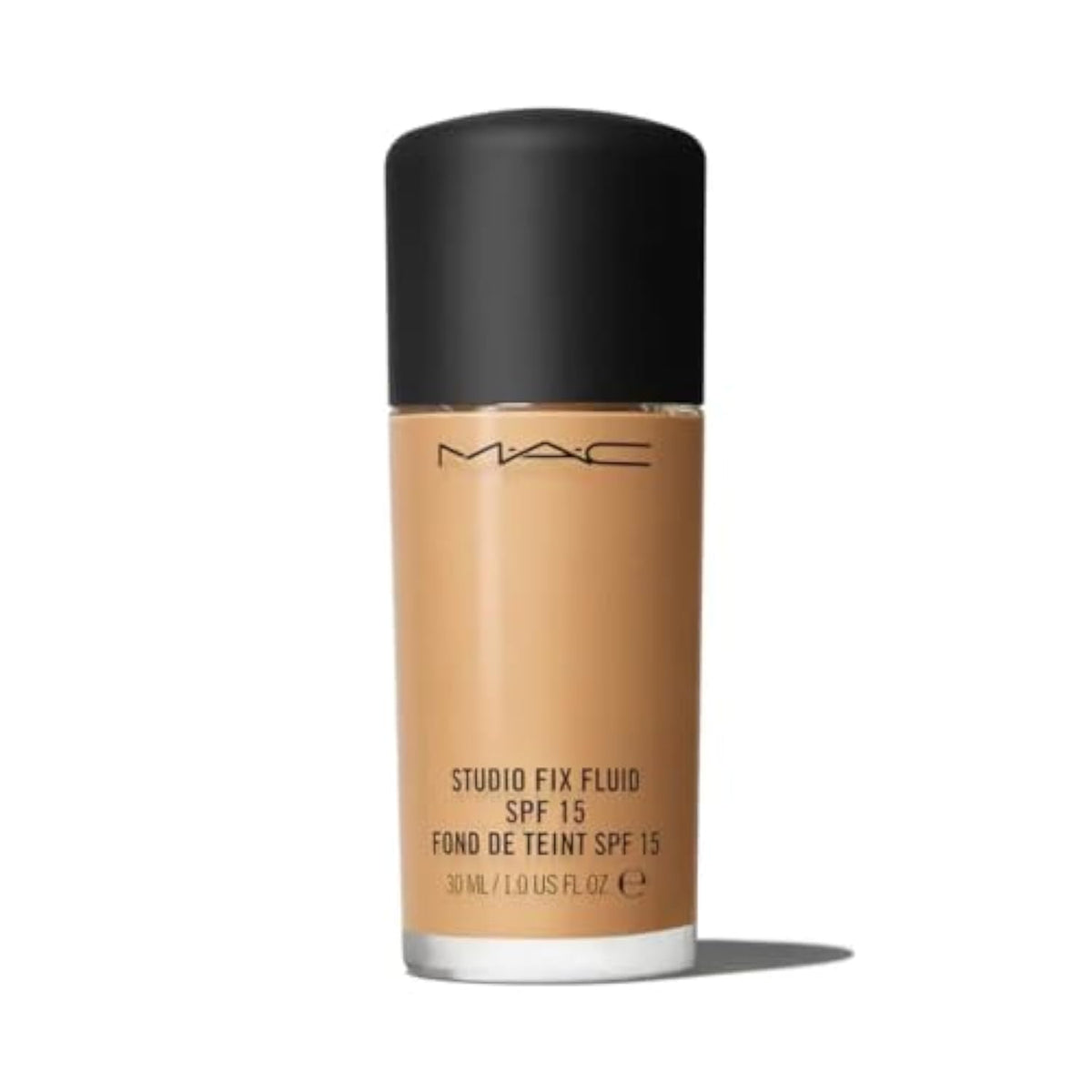 MAC Studio Fix Fluid Foundation bottle closeup shows matte finish and SPF protection