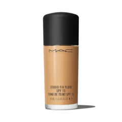MAC Studio Fix Fluid Foundation bottle closeup shows matte finish and SPF protection