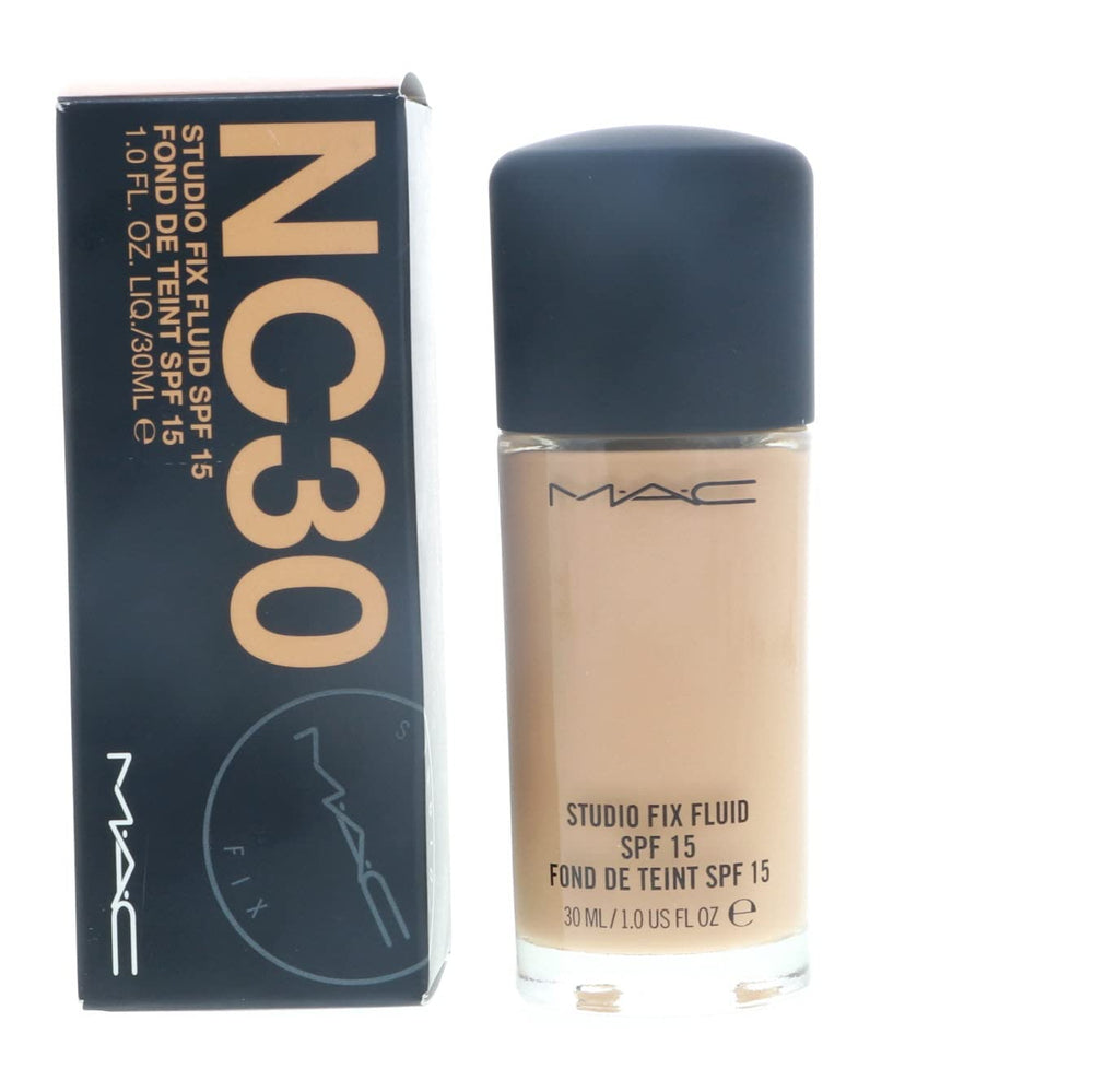 MAC Studio Fix Fluid Foundation NC30 bottle close-up—natural matte finish for oil control.