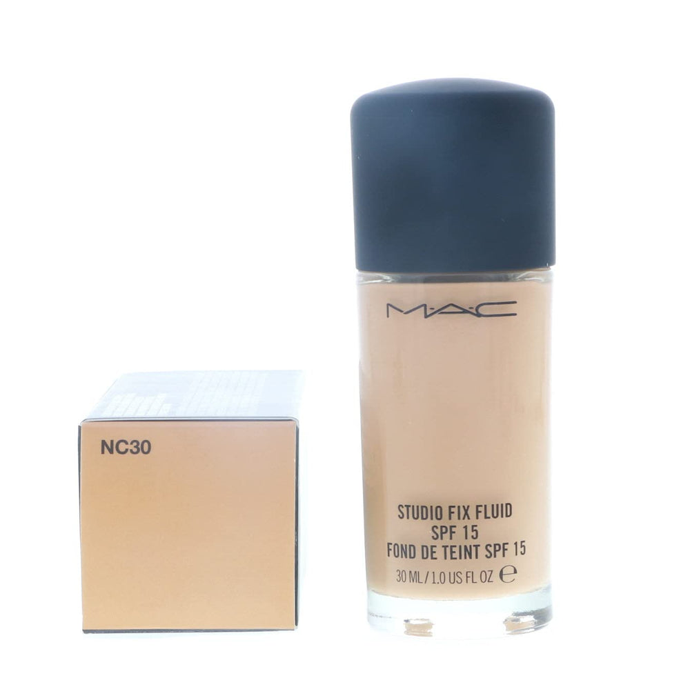 MAC Studio Fix Fluid NC30 swatch showing shade warmth and coverage.