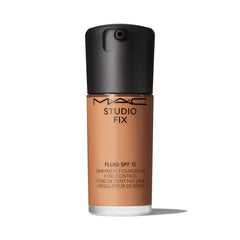 MAC Studio Fix Fluid Foundation NW25 close-up highlighting natural-matte finish for all-day wear