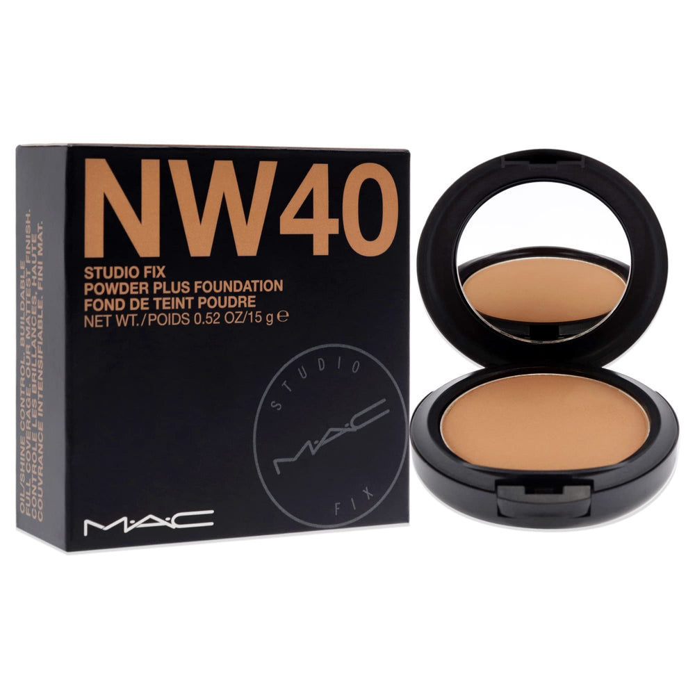 MAC Studio Fix Powder Plus Foundation NW40 applied with brush for buildable coverage and matte look.