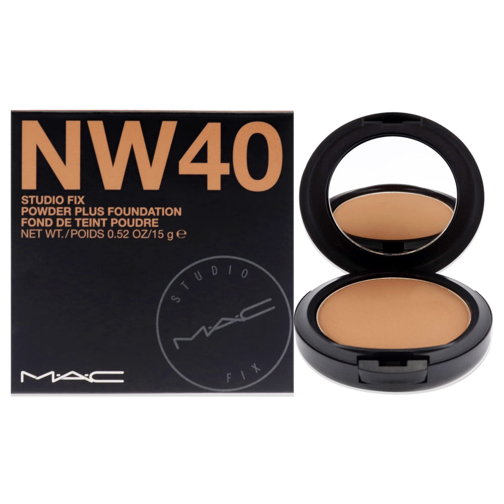MAC Studio Fix Powder Plus Foundation NW40 compact close-up shows velvety matte finish with oil control.