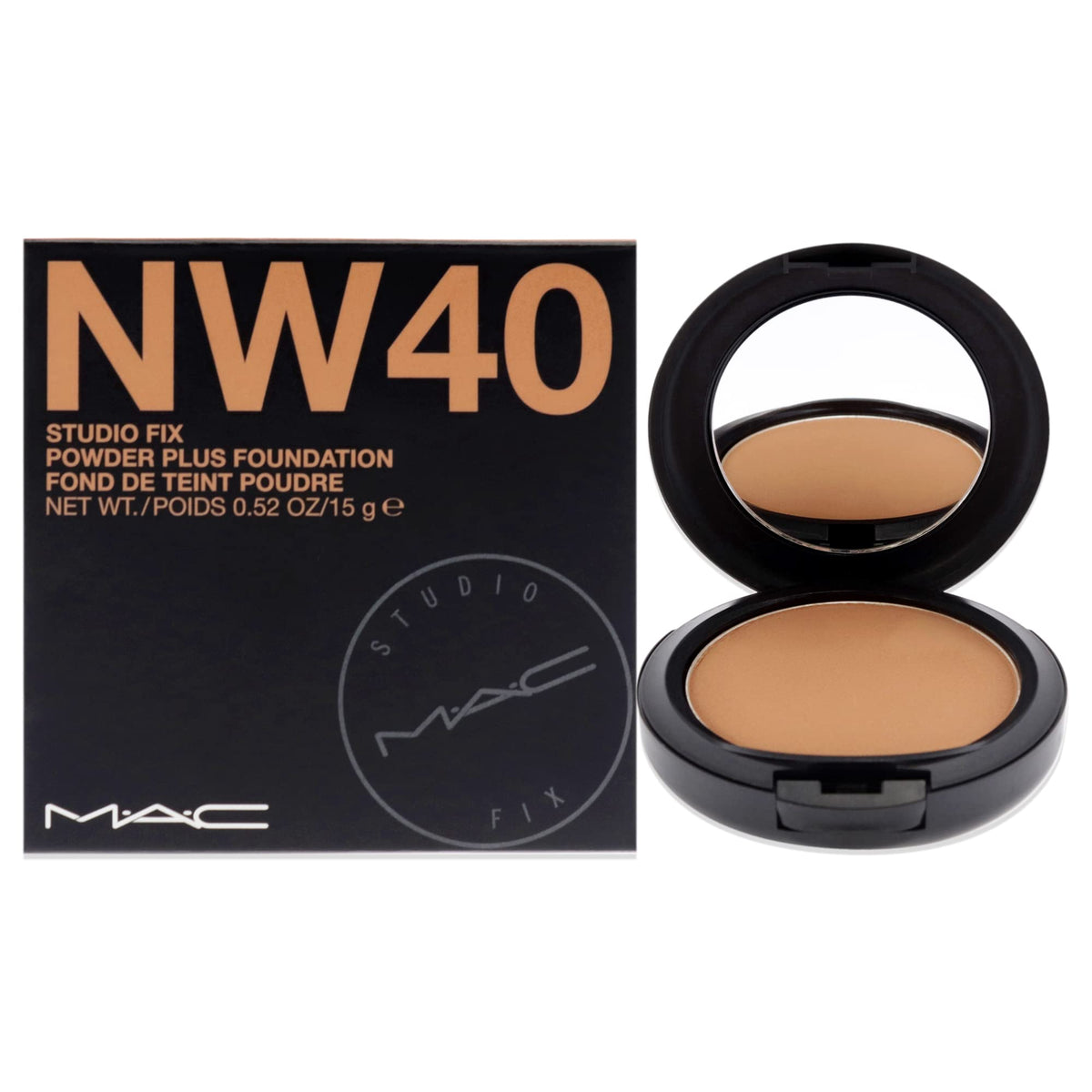 MAC Studio Fix Powder Plus Foundation NW40 compact close-up shows velvety matte finish with oil control.