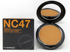 MAC Studio Fix Powder Foundation NC47 compact close-up showing color-true, long-wearing matte finish