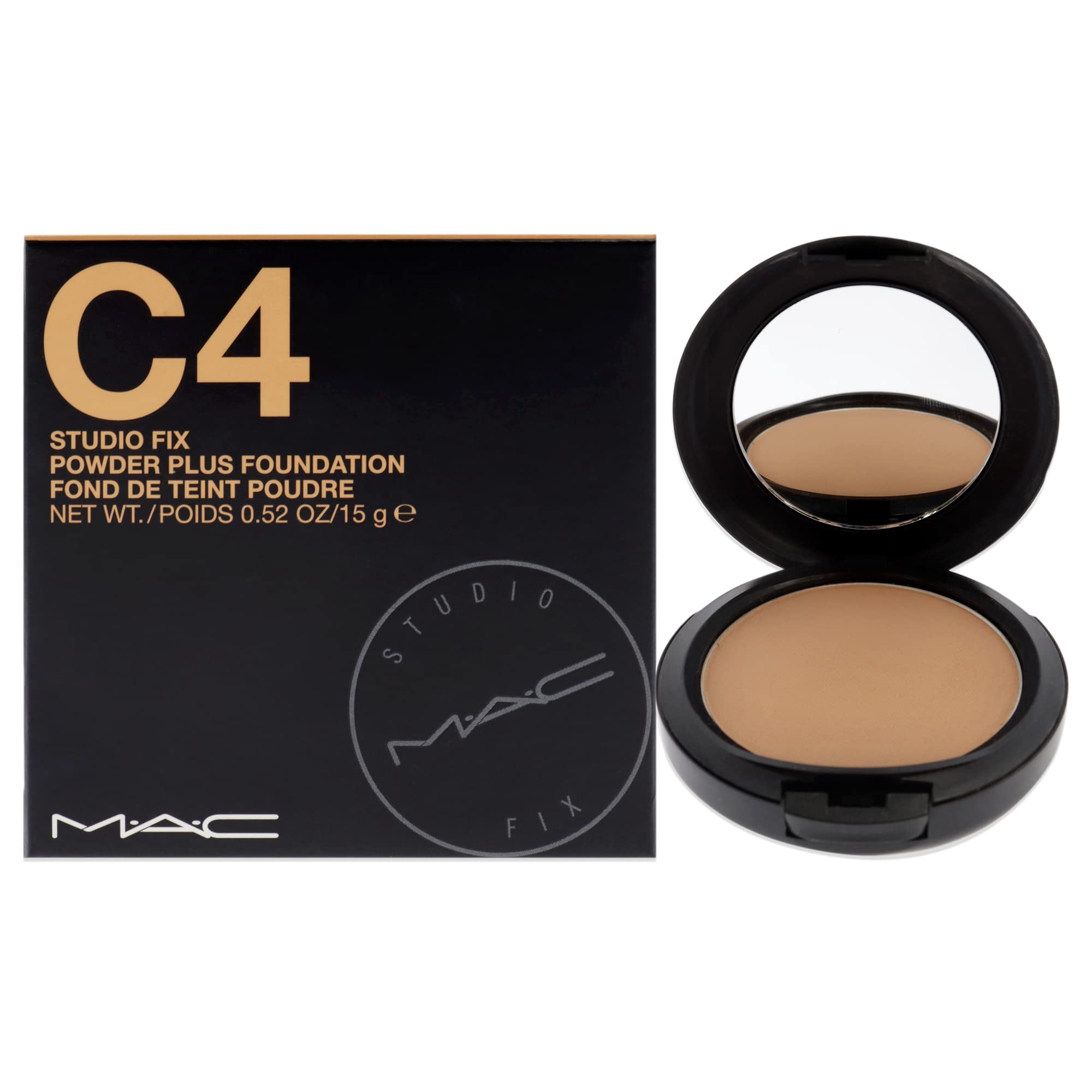 MAC Studio Fix Powder Plus Foundation C4 compact for on-the-go touch-ups with a matte, pore-reducing finish.