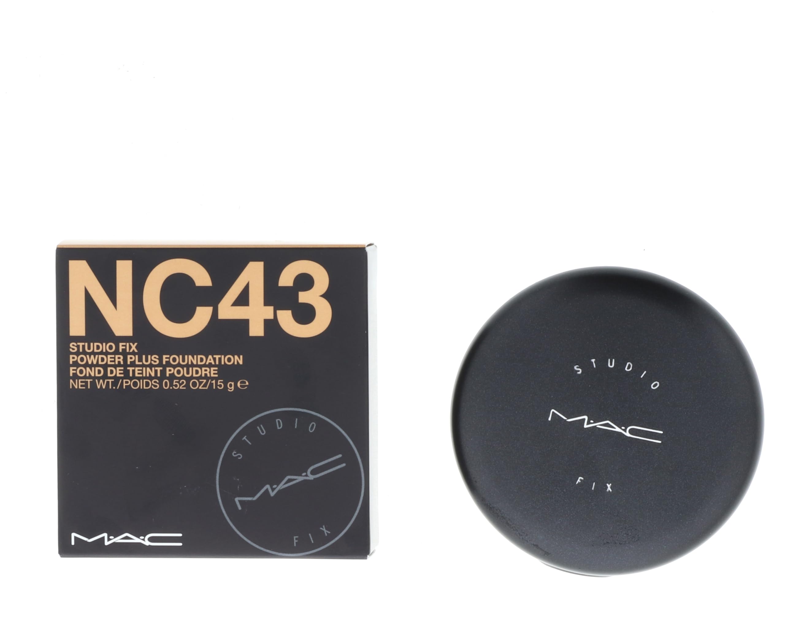 MAC Studio Fix Powder Plus Foundation NC43 compact close-up showing matte finish for all-day wear.