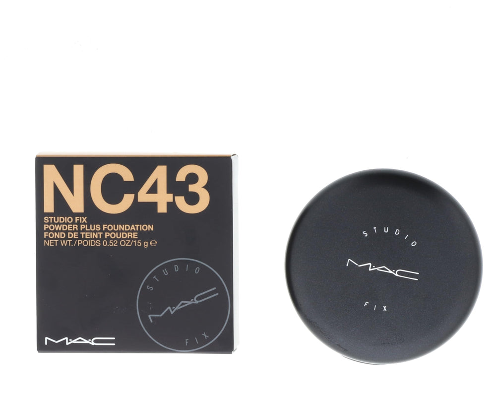 MAC Studio Fix Powder Plus Foundation NC43 compact close-up showing matte finish for all-day wear.
