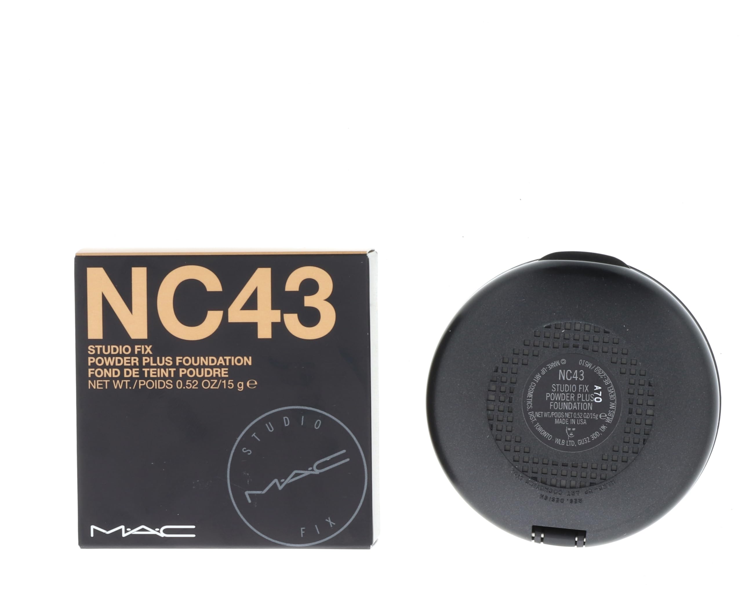 MAC Studio Fix Powder Plus Foundation NC43 swatch on skin highlights even coverage.