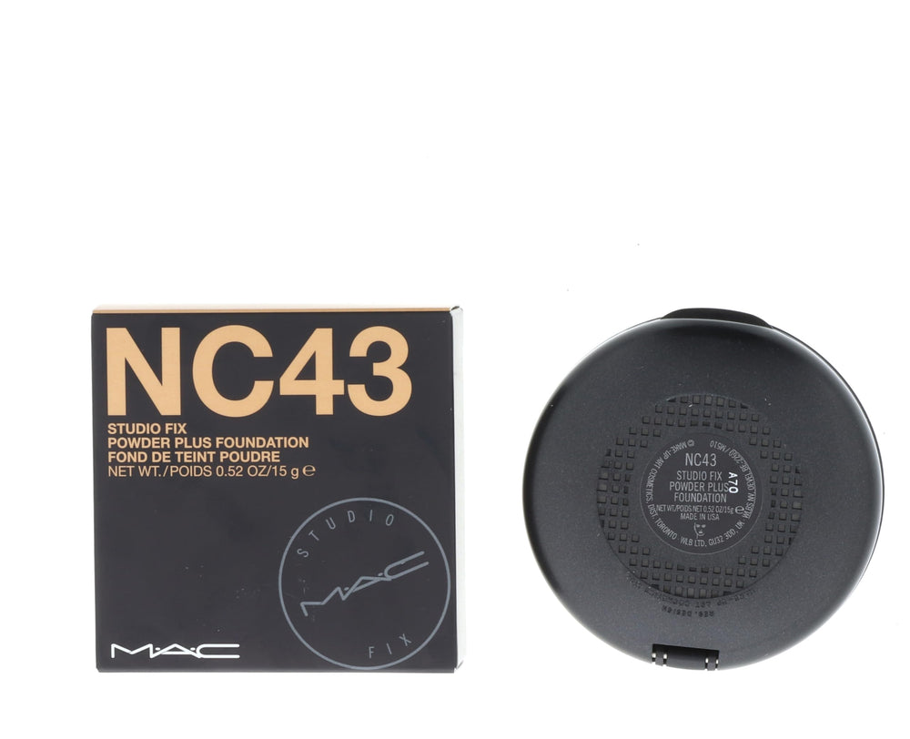 MAC Studio Fix Powder Plus Foundation NC43 swatch on skin highlights even coverage.