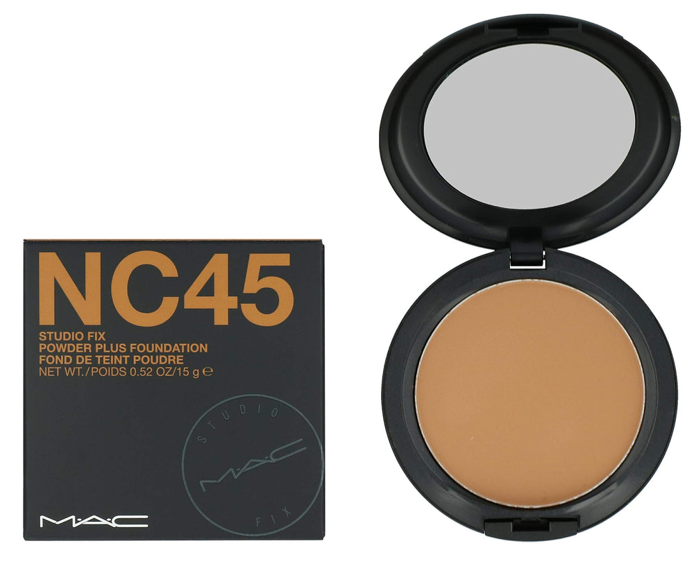 MAC Studio Fix Powder Plus Foundation NC45 compact showing full-coverage matte finish for smooth skin.