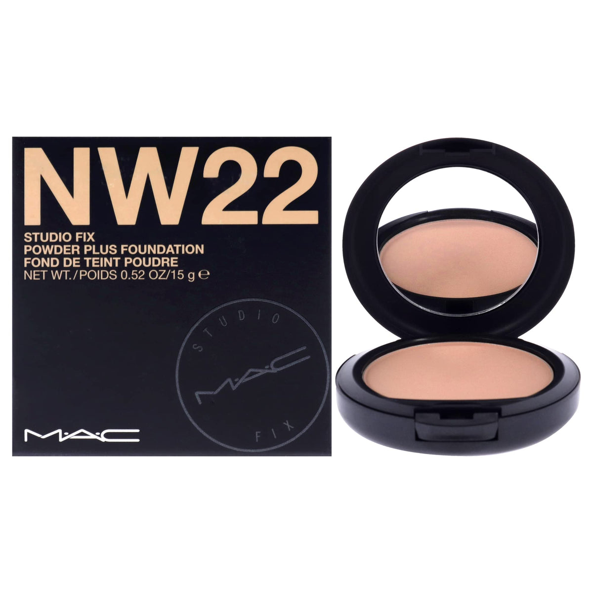 MAC Studio Fix Powder Plus Foundation NW22 product shot highlights matte velvety finish