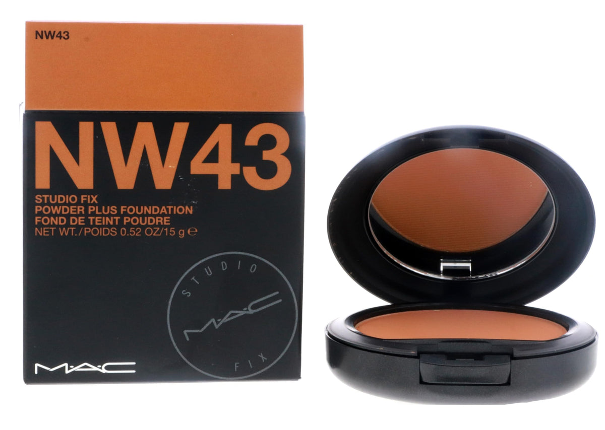 MAC Studio Fix Powder Plus Foundation NW43 packshot for all-day matte coverage.