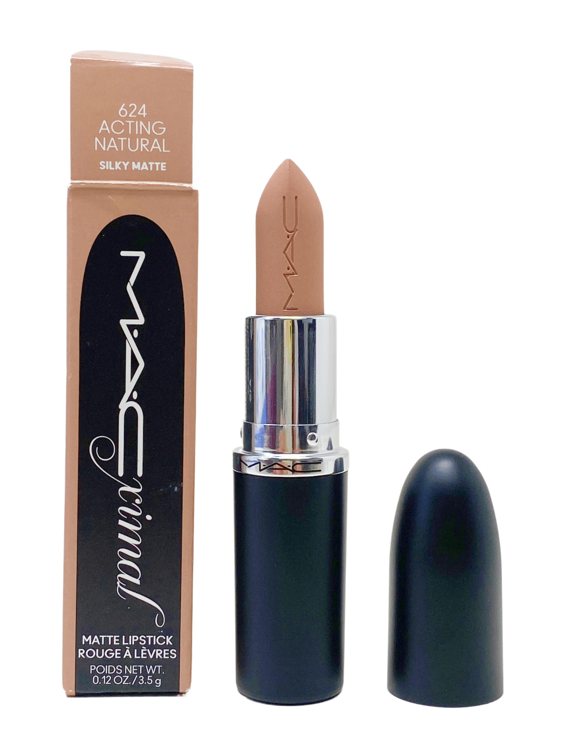 MAC Ximal Silky Matte Lipstick outer packaging shows Acting Natural warm nude beige for everyday wear.
