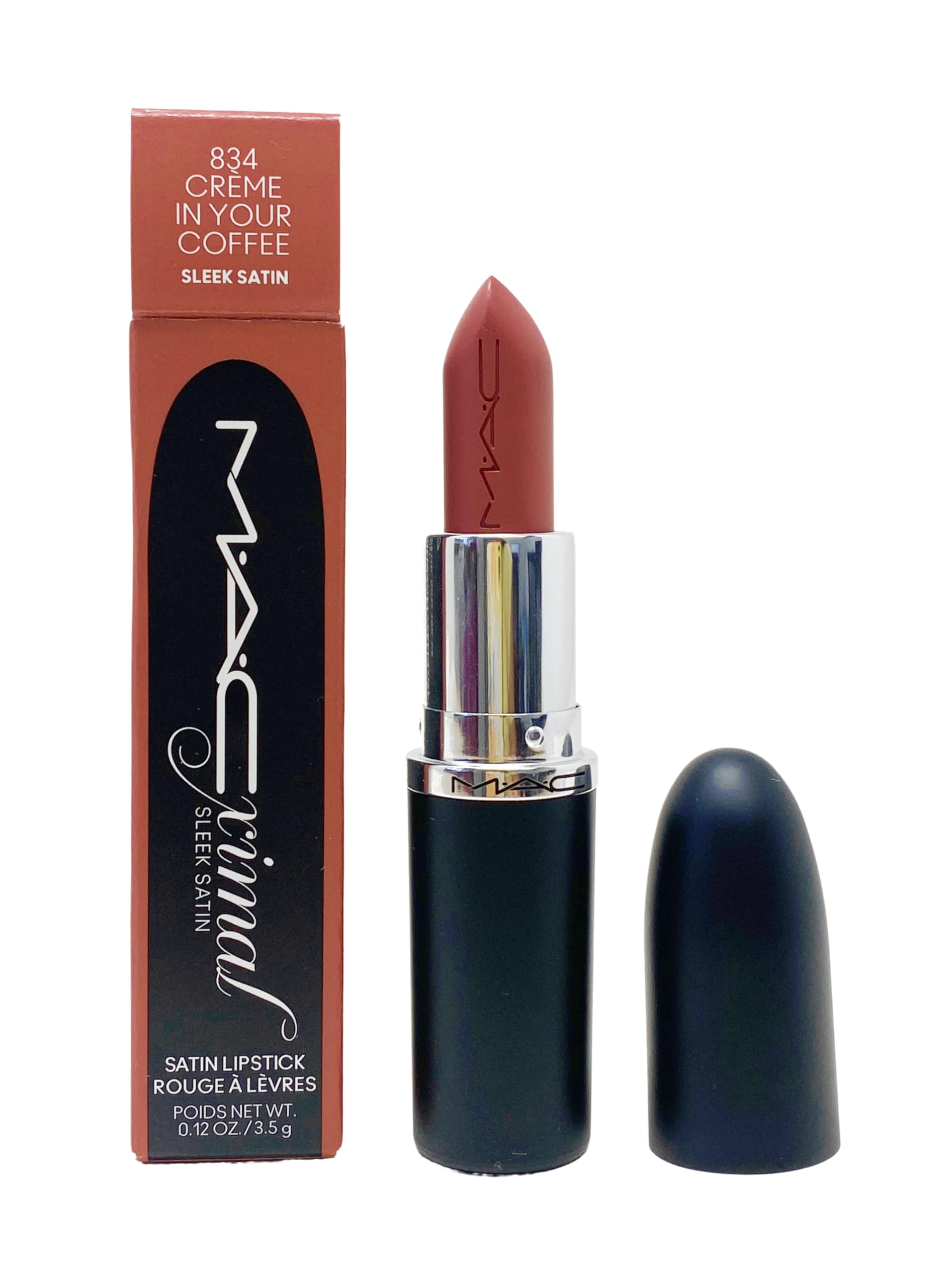 MAC Ximal Sleek Satin Lipstick Creme In Your Coffee bullet swatch shows pigment-rich color.
