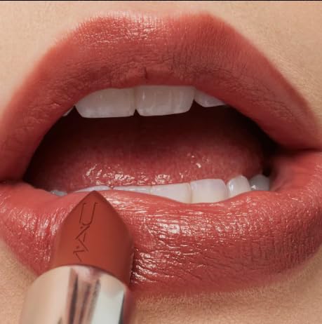 MAC Ximal Sleek Satin Lipstick Creme In Your Coffee model wear reveals versatile midtone pink-brown shade.