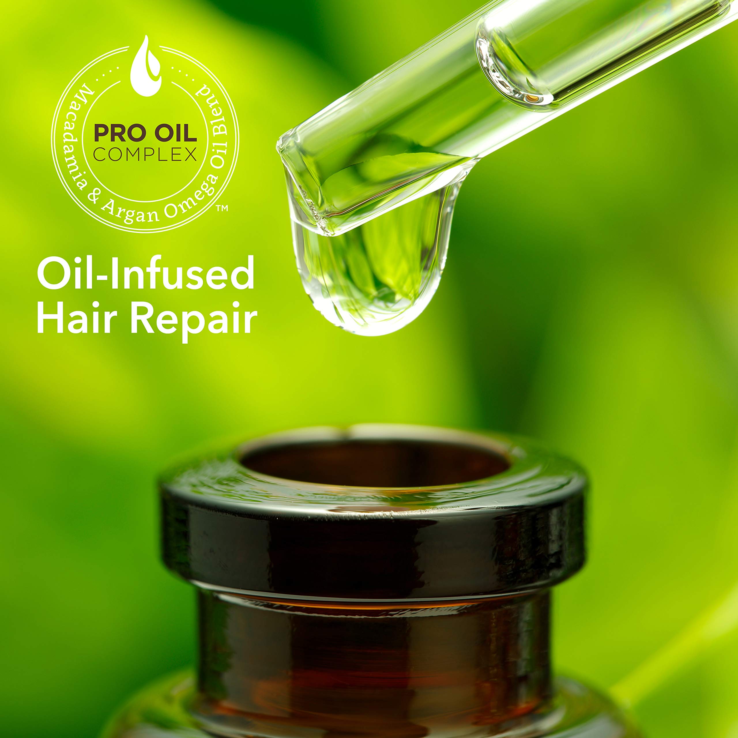 Macadamia Professional bottle pump closeup shows easy, lightweight conditioning for all hair types.