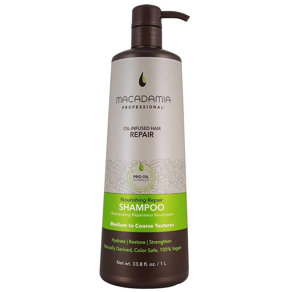 Macadamia Professional Nourishing Moisture Shampoo bottle promotes hydration and color protection.