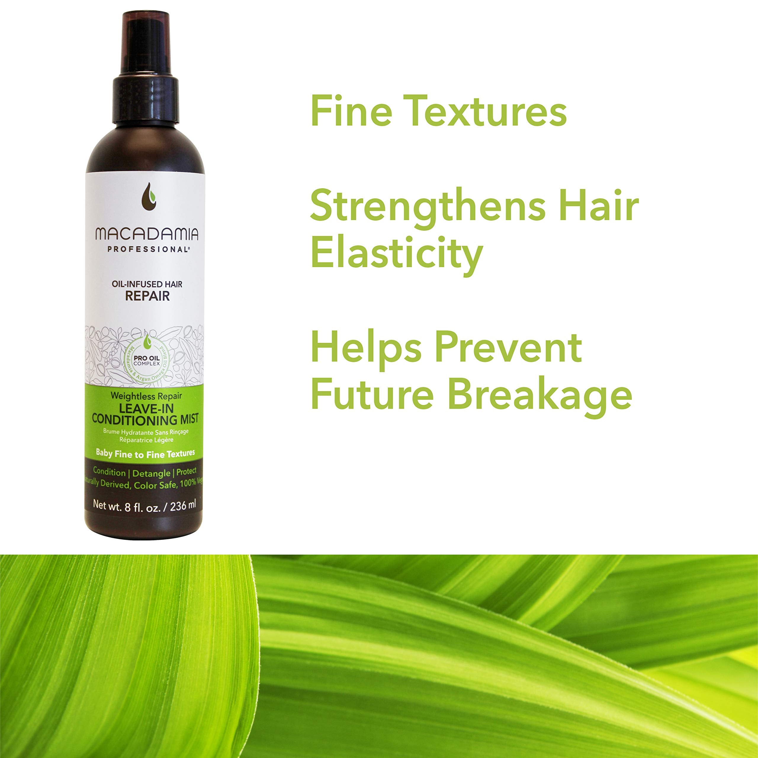Macadamia Professional quinoa-strengthened formula visible in ingredients hints at improved texture.