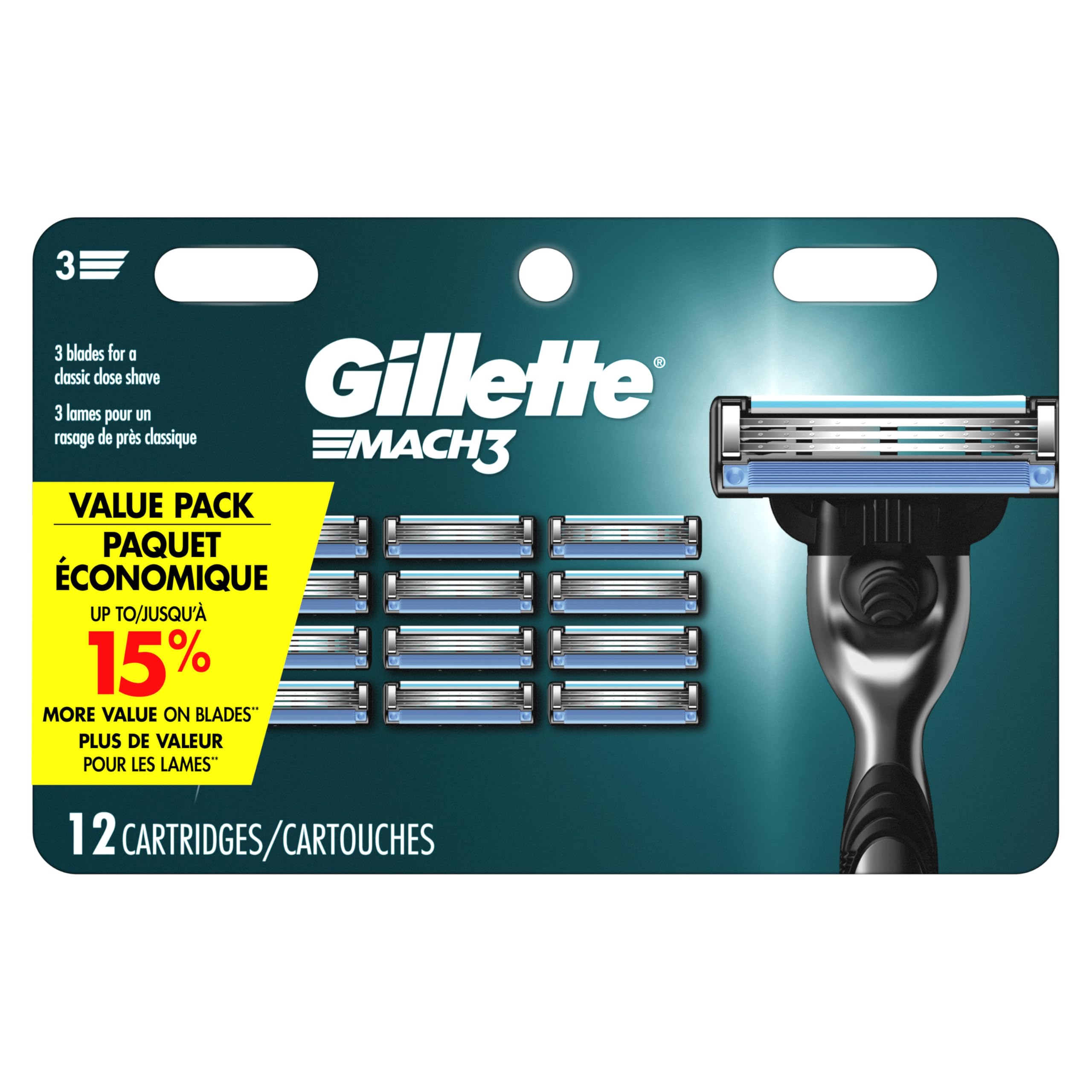Mach3 razor refils pack closeup shows durable blades for a smooth shave.