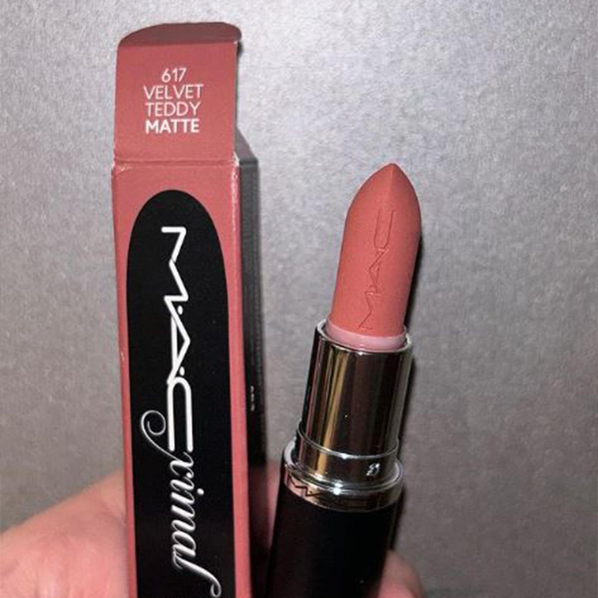 MAC Macximal Silky Matte Velvet Teddy closeup highlights velvety finish and comfortable feel.
